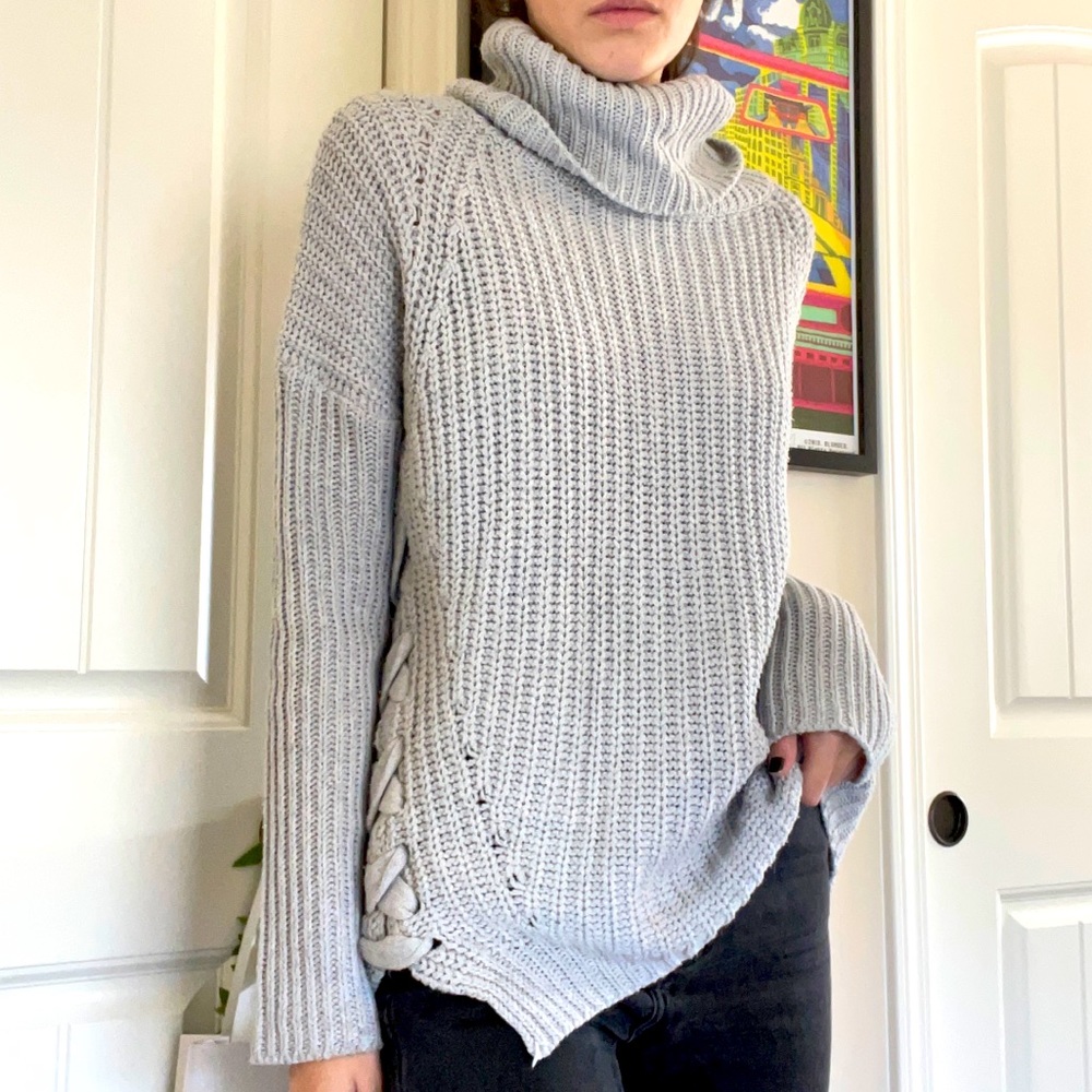 Grey turtle neck chunky sweater w side detail